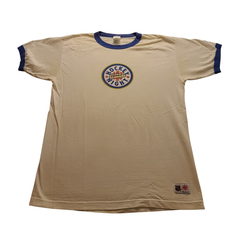 Bulletin Hockey Night In Canada Ringer T-Shirt Men's Large White Blue NHL CBC
